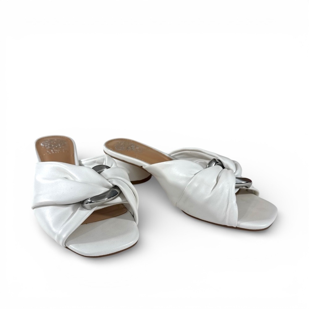 Vince Camuto Liane Off-White Nappa Leather Twisted Ring Block Heel Sandals 8 EUC